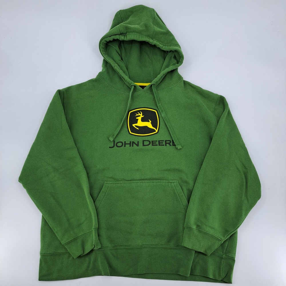 John Deere Hoodie Men XL Cotton Poly Green Solid Logo Graphic Fleece Pullover